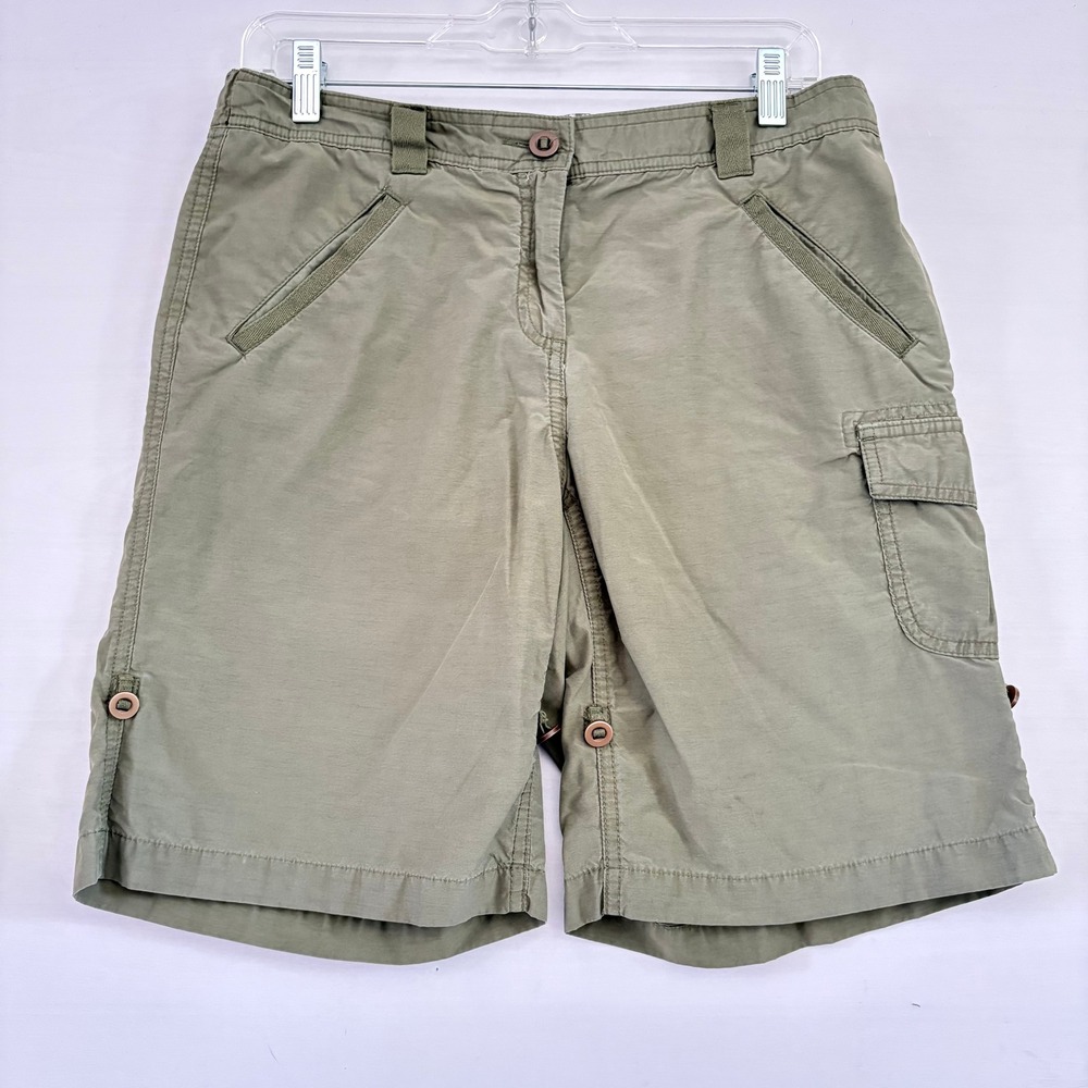 Womens Olive Green Cargo Shorts Elastic Back Utility Pockets Size 10 Petite